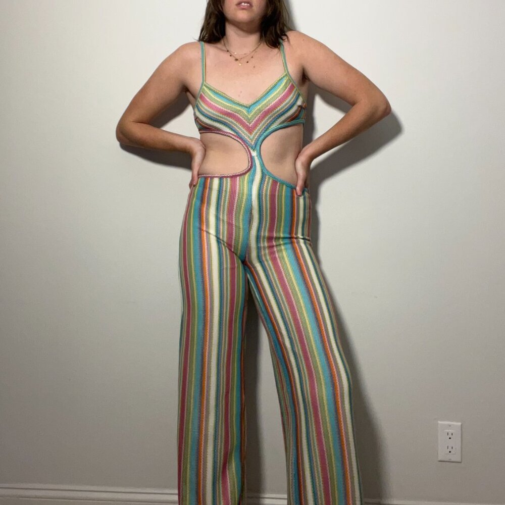 Retro Rainbow Knit Jumpsuit with Cutout Waist – Bold & Playful  🌈